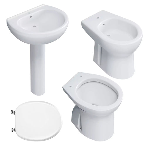 Set bagno completo con Bidet+Wc+Copriwater+Lavabo 55 cm+Colonna serie Orchidea in ceramica bianca
