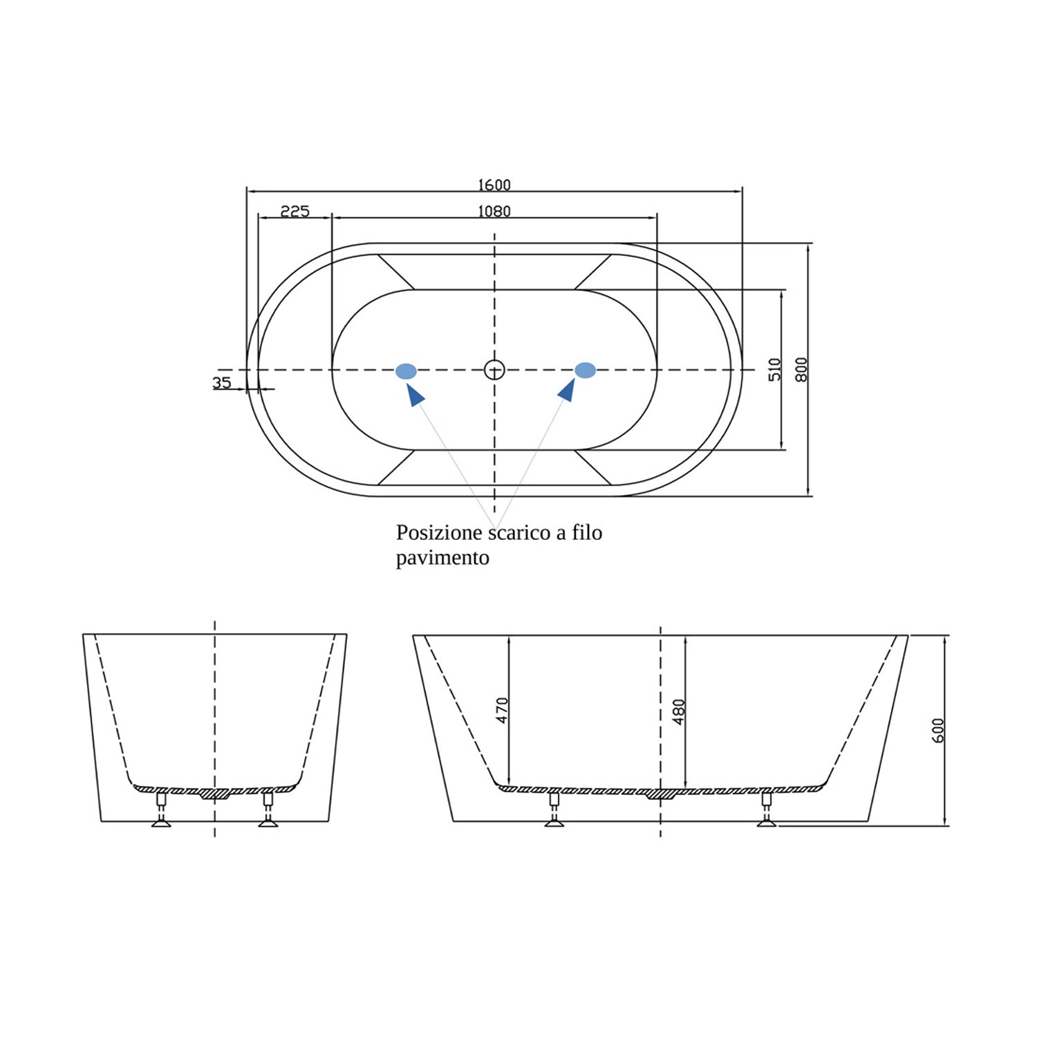 Vasca Freestanding modello Viterbo con troppo pieno cm 160x80xh60 - Bianco Lucido