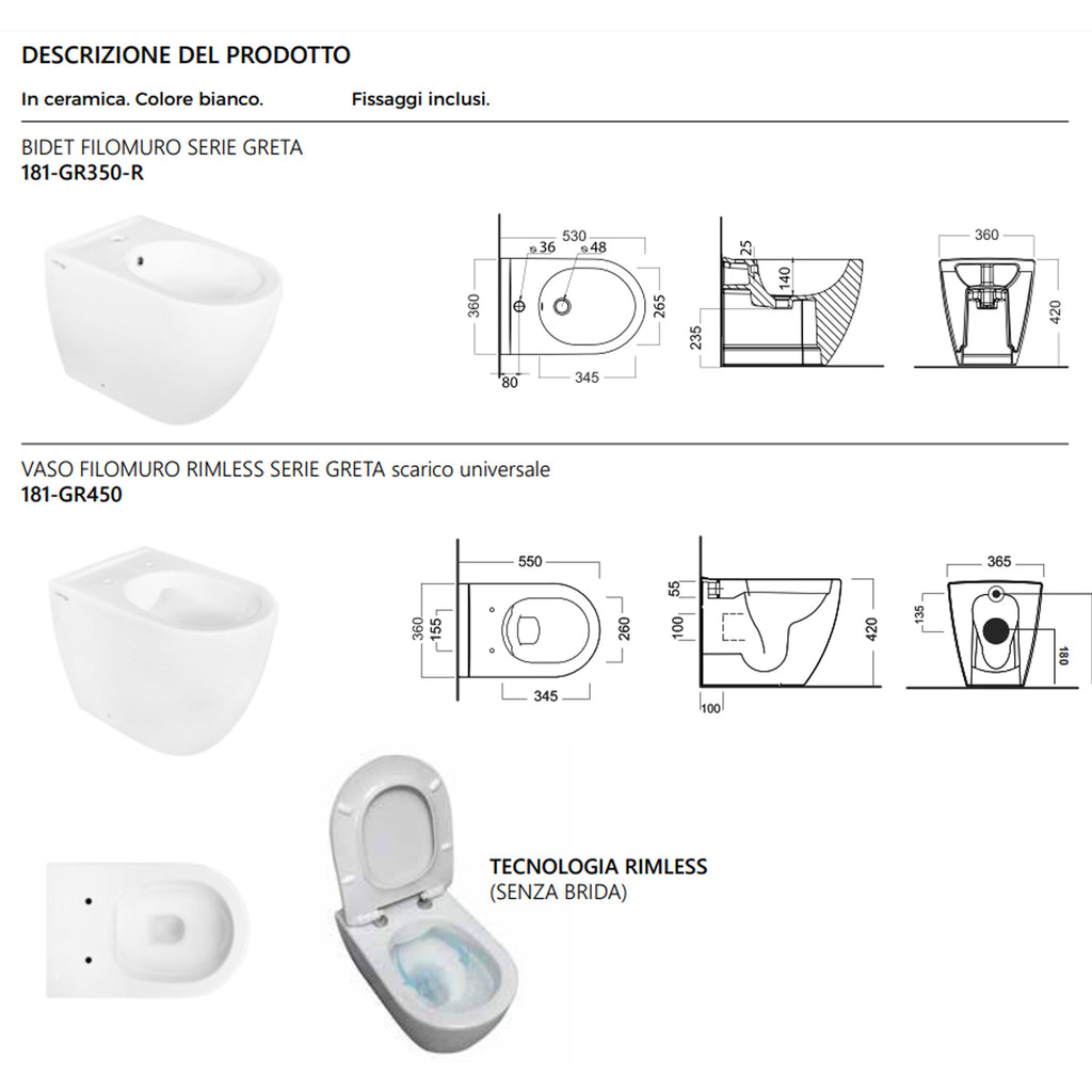Sanitari filomuro collezione Tiara Linpha Sanitary cm 36x53 senza brida con copriwater soft close