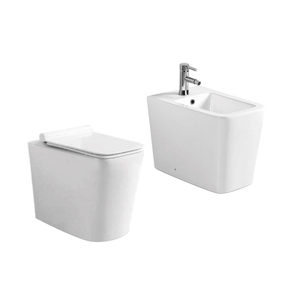 Coppia Sanitari Filo Muro Pluma - Evo Vaso a terra+ bidet a terra+ copriwater