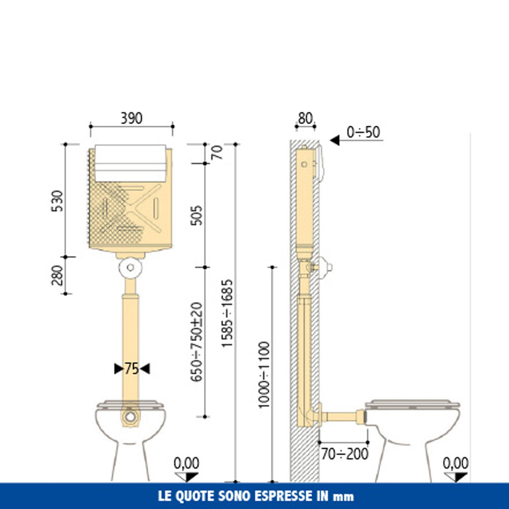 Cassetta incasso Pucci in rame per wc a terra con pulsante basso