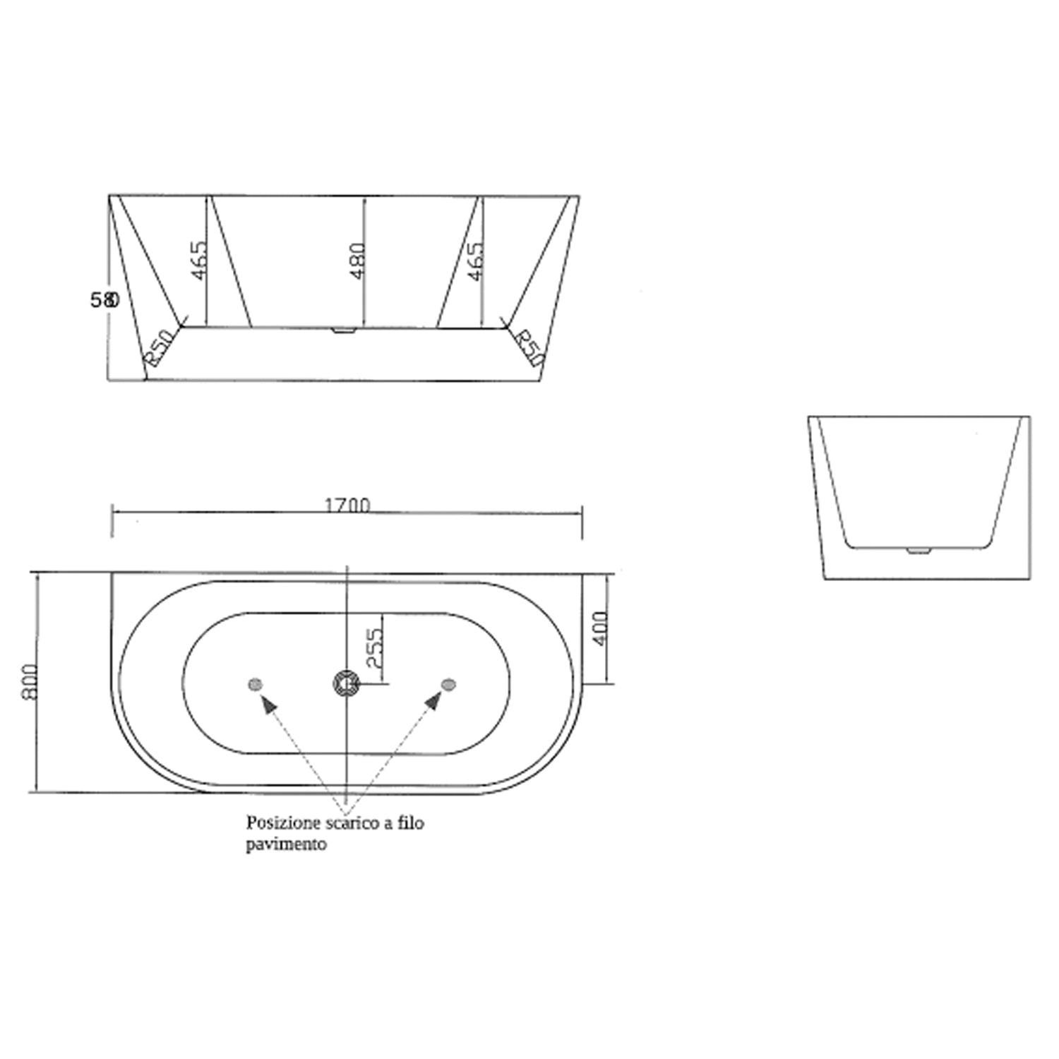 Vasca Freestanding modello Bari con troppo pieno cm 170x80xh58 - Bianco Lucido