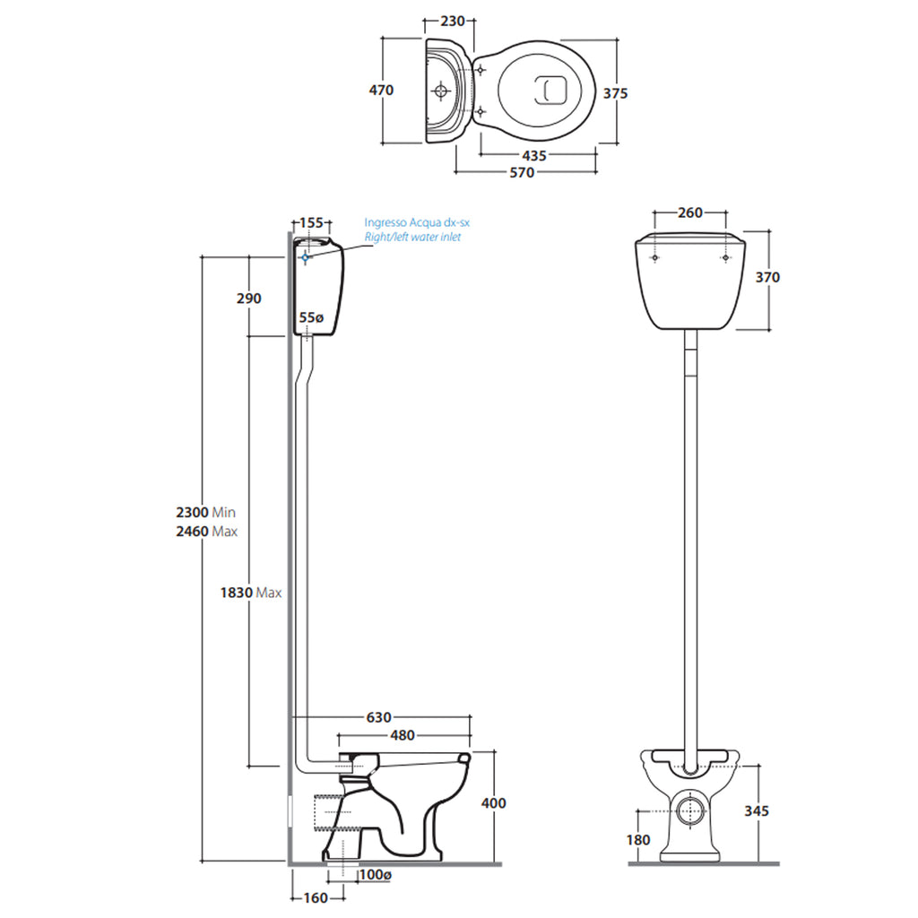Cassetta in ceramica per installazione alta completa di tubo di scarico e catenella modello Paestum di Globo