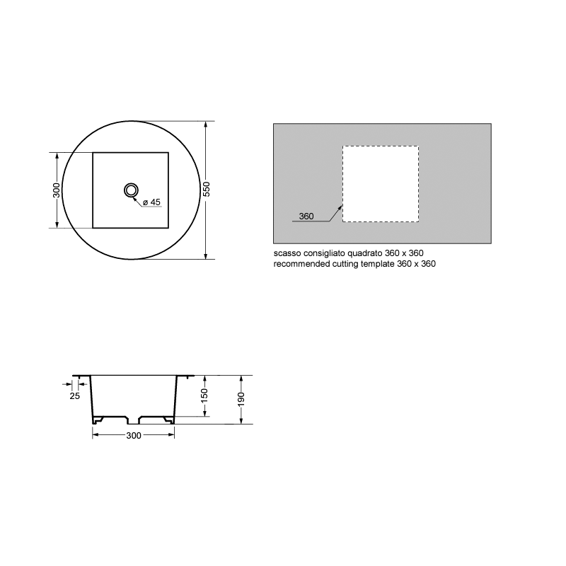 Lavabo da incasso Tondo diametro 55 cm con vasca quadrata profondo 19 cm AXA Ceramiche