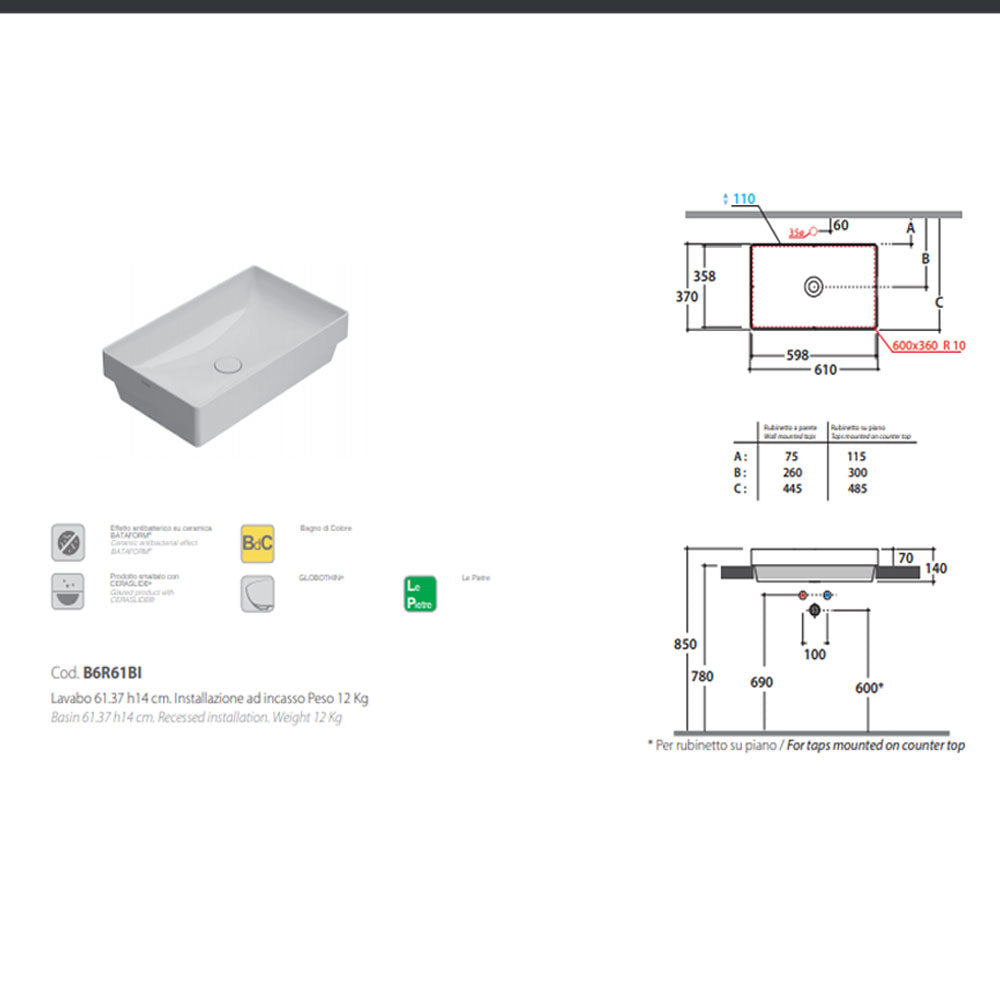 Lavabo ad incasso T-Edge ceramica bianca lucida 61x37 peso 12 kg