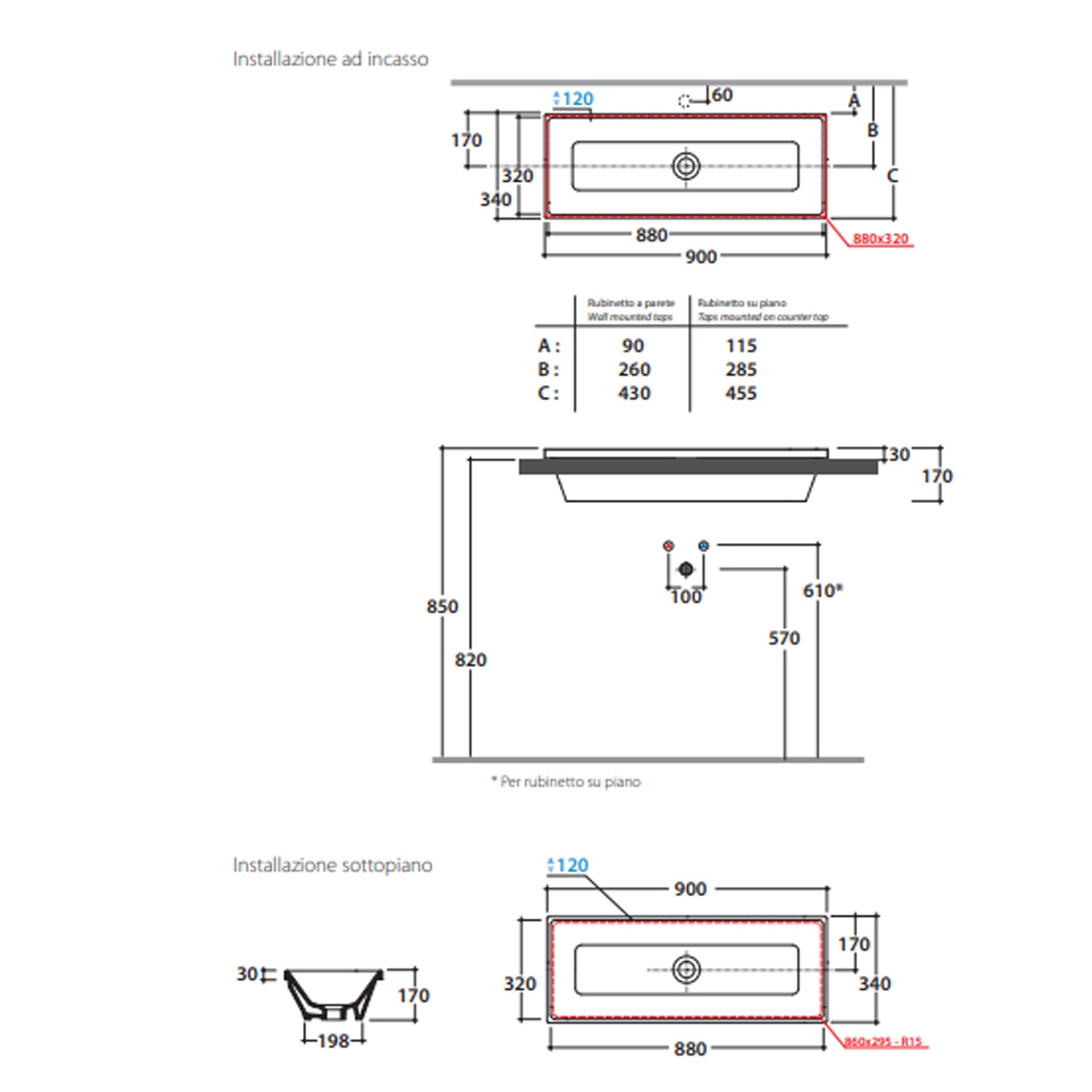 Lavabo da Incasso 90X34 cm Ceramica Globo modello Stockholm