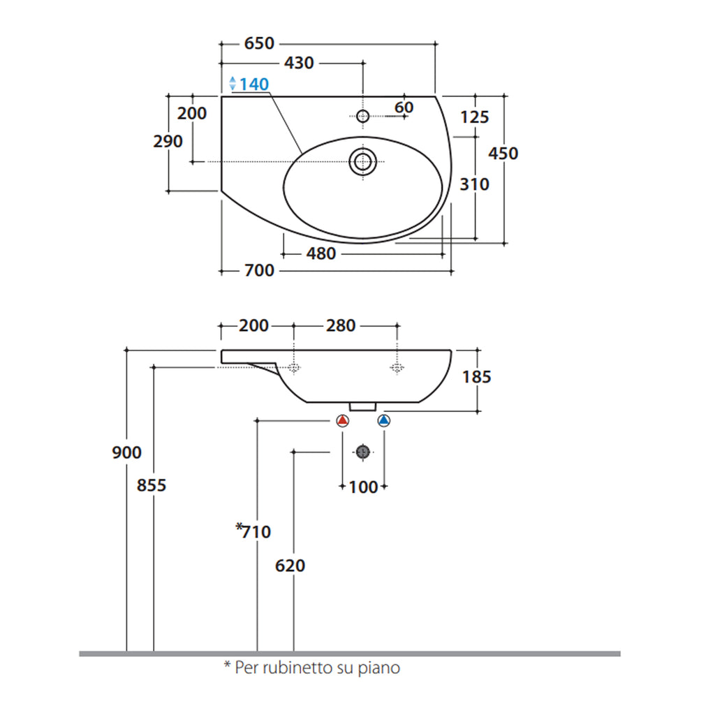 Lavabo Sospeso con piano d'appoggio laterale 70x45 cm Ceramica Globo Mode - vasca a destra