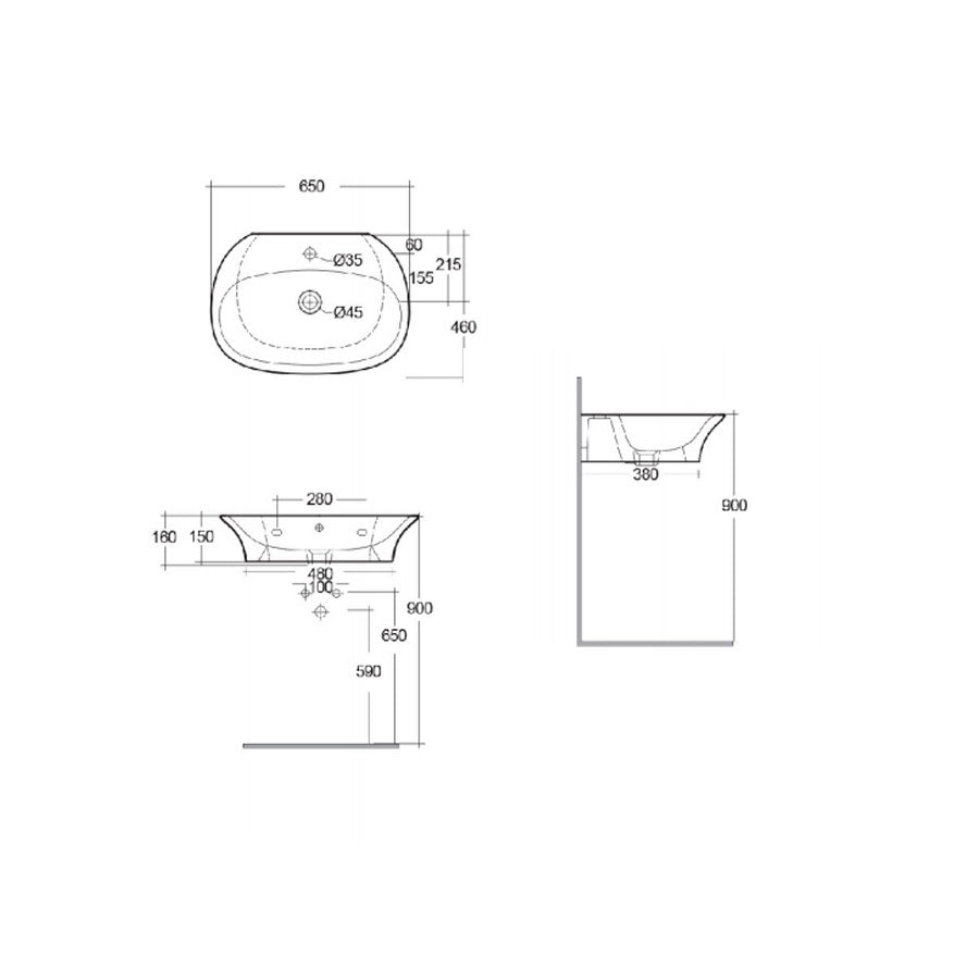Lavabo sospeso Sensation in ceramica bianca lunghezza 65 cm