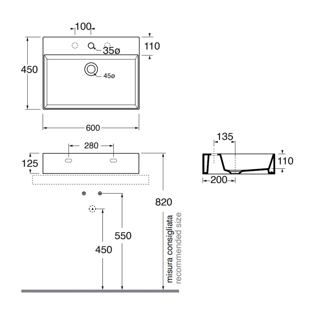 Lavabo da appoggio squadrato Ceramica Azzurra Elegance 60x45 cm - Carbone