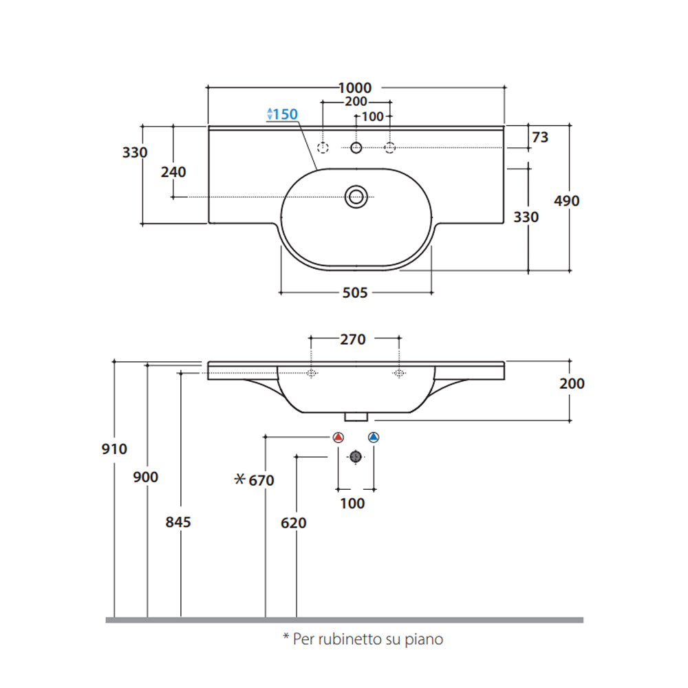 Lavabo sospeso o su struttura sospesa modello Mode Ceramica Globo cm 100