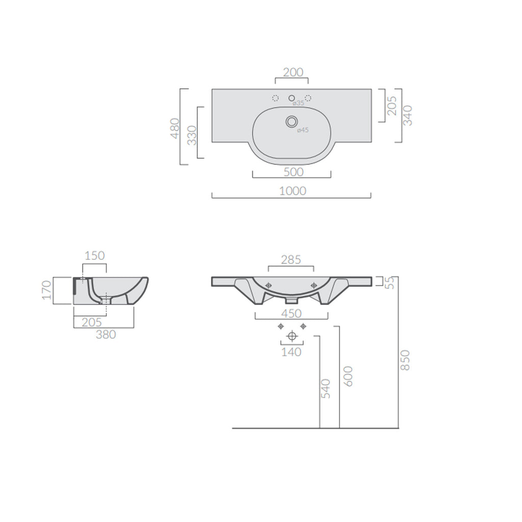 Lavabo sospeso in ceramica serie M2 di Ceramica Galassia -  Bianco lucido 100cm