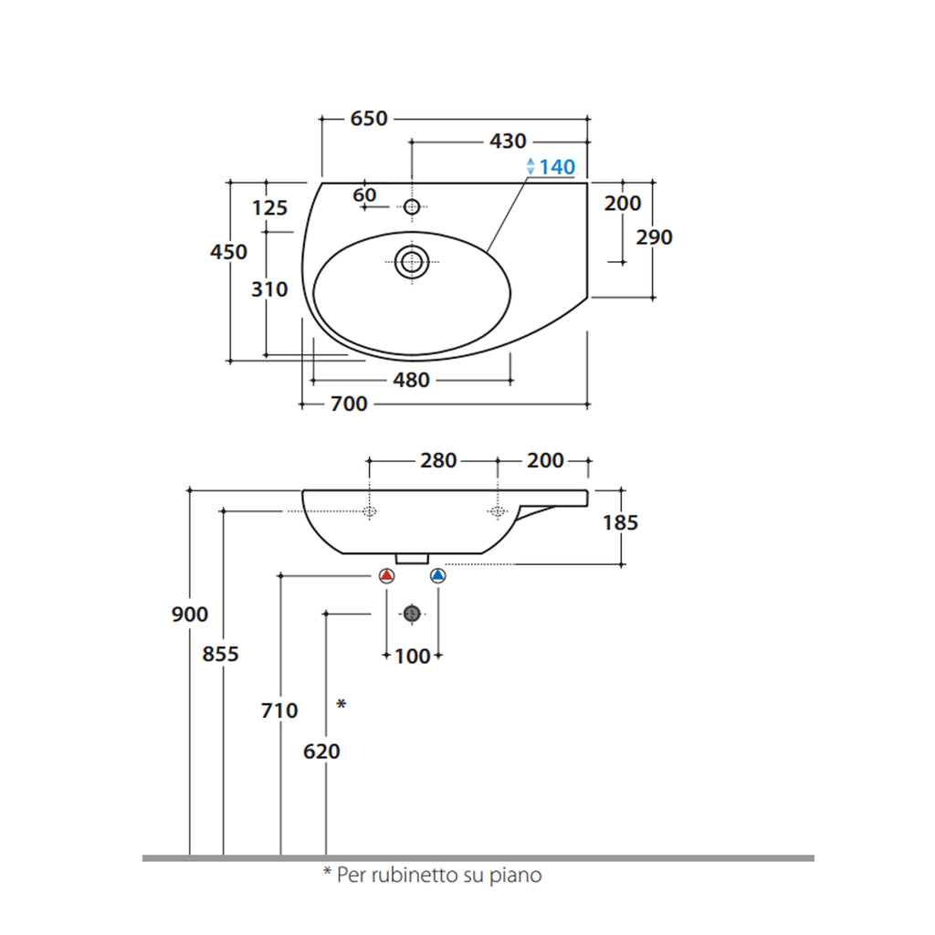 Lavabo Sospeso con piano d'appoggio laterale 70x45 cm Ceramica Globo Mode - vasca a sinistra