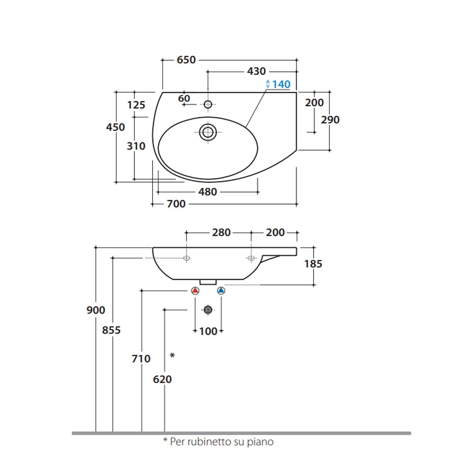 Lavabo Sospeso con piano d'appoggio laterale 70x45 cm Ceramica Globo Mode - vasca a sinistra