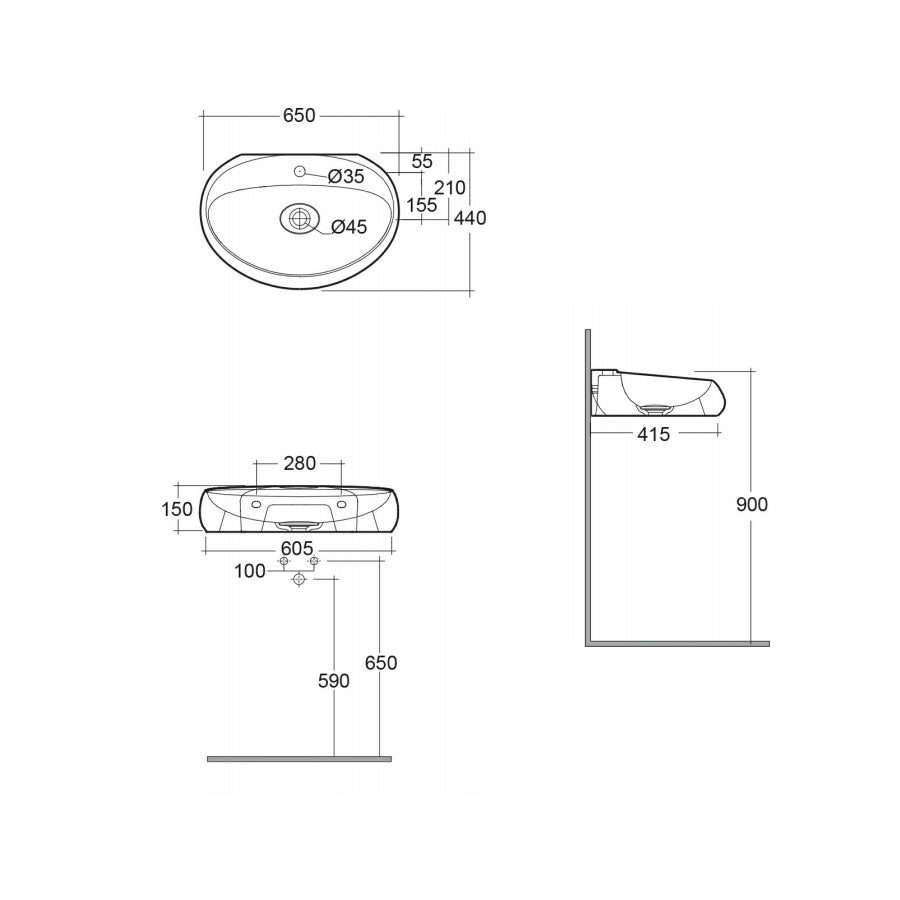 Lavabo sospeso modello Cloud Rak Ceramics cm 65x44 senza troppopieno bianco opaco