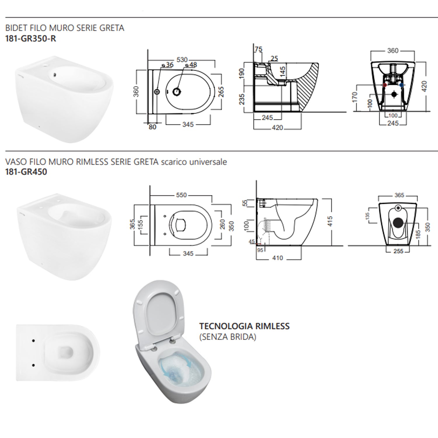 Sanitari filomuro collezione Tiara di Linpha Sanitary cm 36x53 senza brida con copriwater soft close -Bianco Opaco