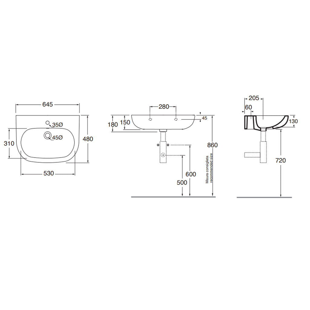 Lavabo sospeso Ceramica Azzurra modello Pratica 64x48 v