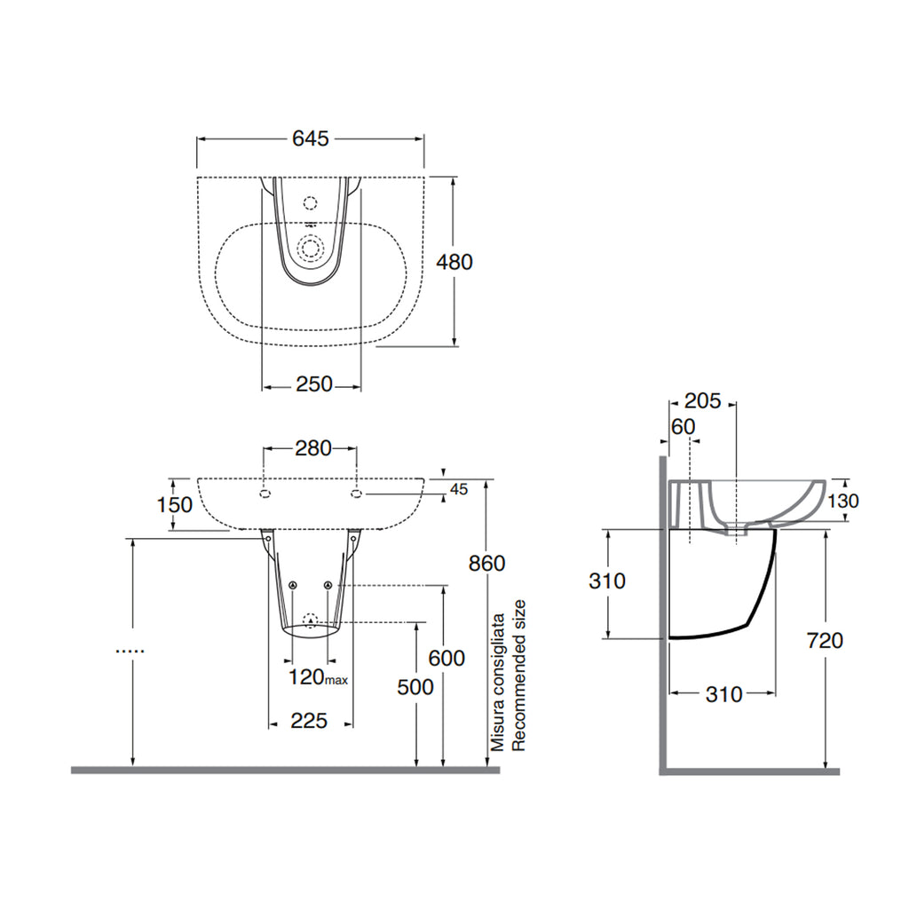 Lavabo con semicolonna sospesa Ceramica Azzurra modello Pratica - Bianco lucido