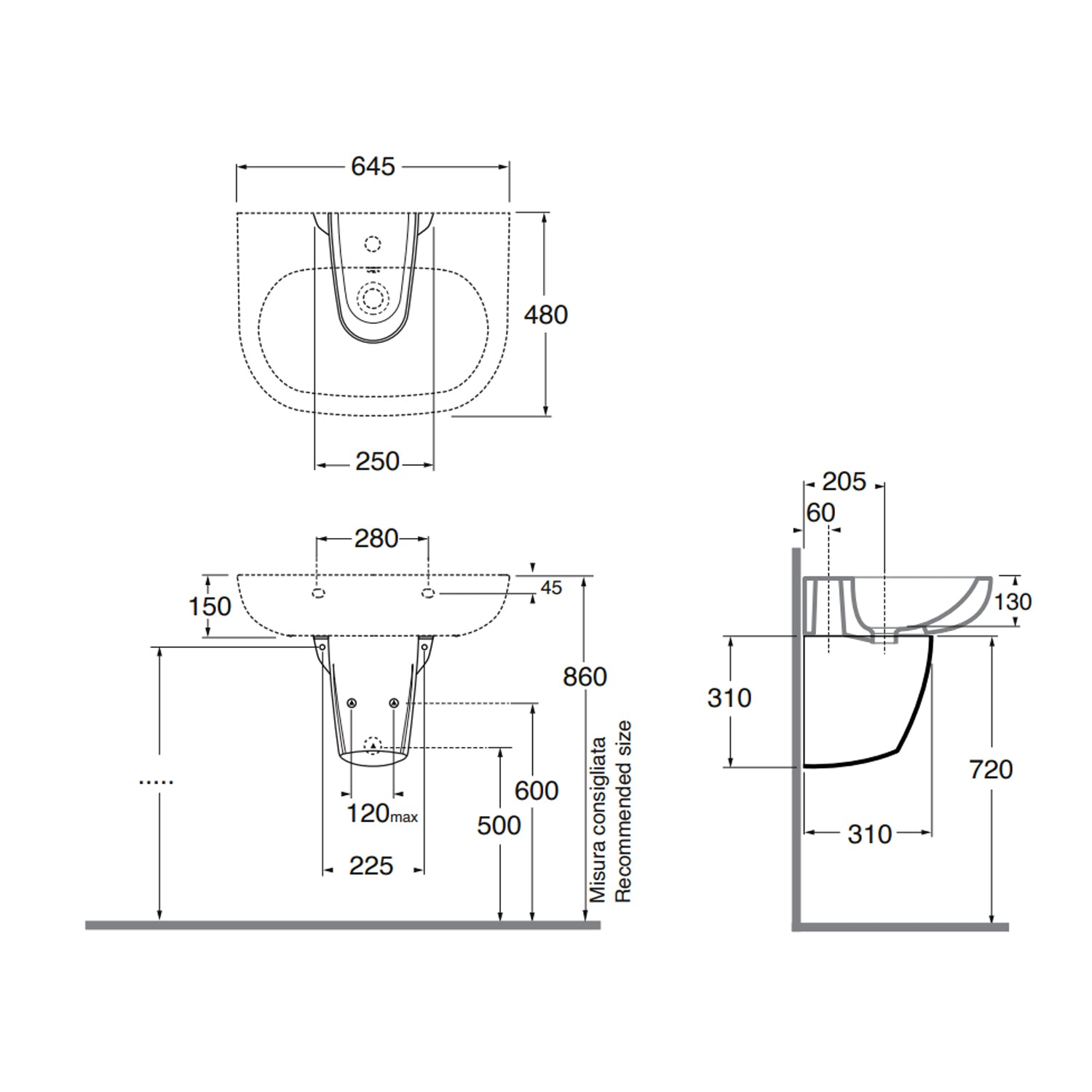 Lavabo con semicolonna sospesa Ceramica Azzurra modello Pratica - Bianco lucido