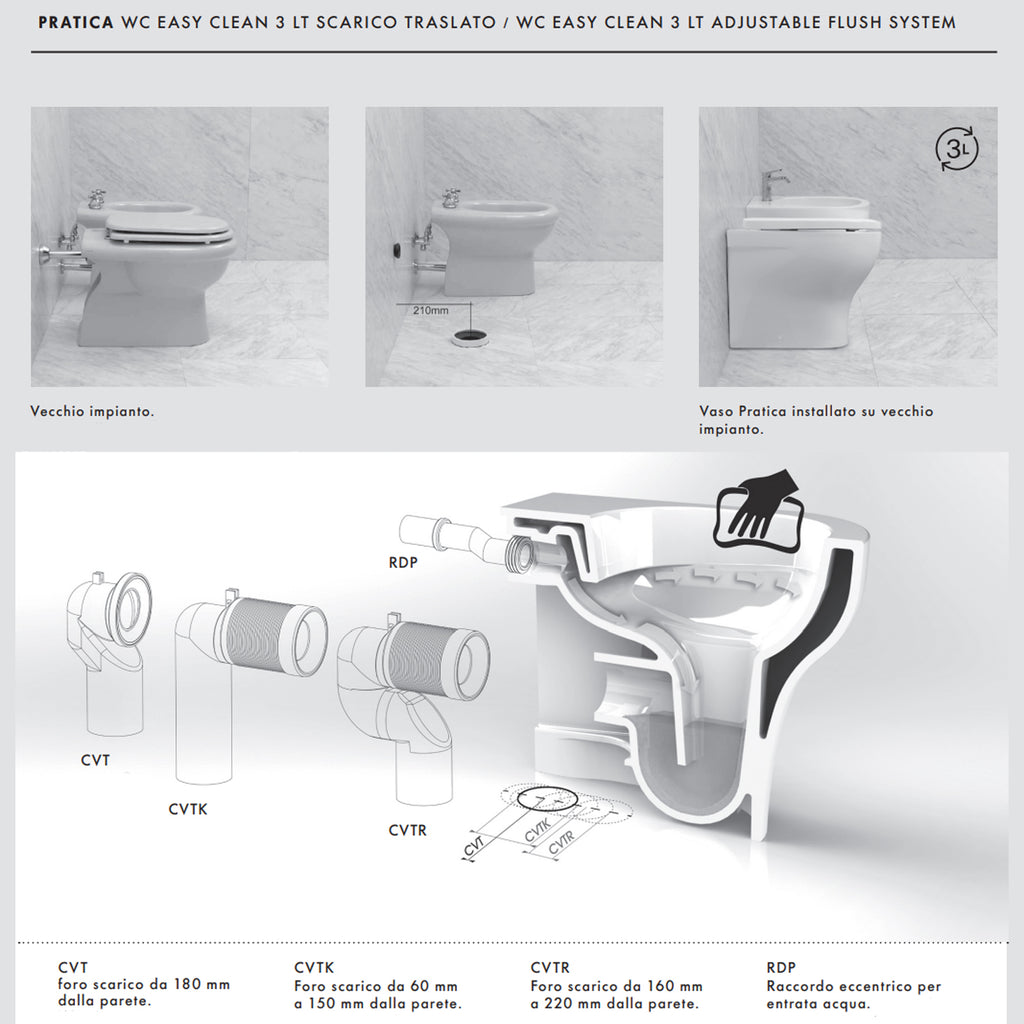 Sanitari Filo Parete Ceramica Azzurra Pratica con scarico traslato senza brida con sedile softclose