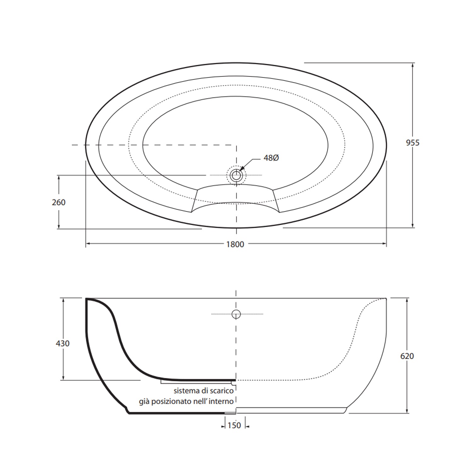 Vasca freestanding in vetroresina 180x95 cm Ceramica Azzurra serie Comoda - Bianco lucido