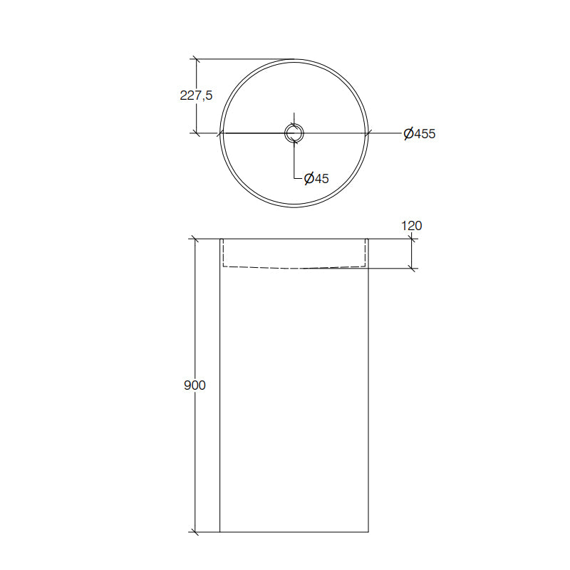 Lavabo in Mattstone modello centro stanza senza foro rubinetto con piletta a scarico libero e sifone a pavimento. Lineabeta serie Momon
