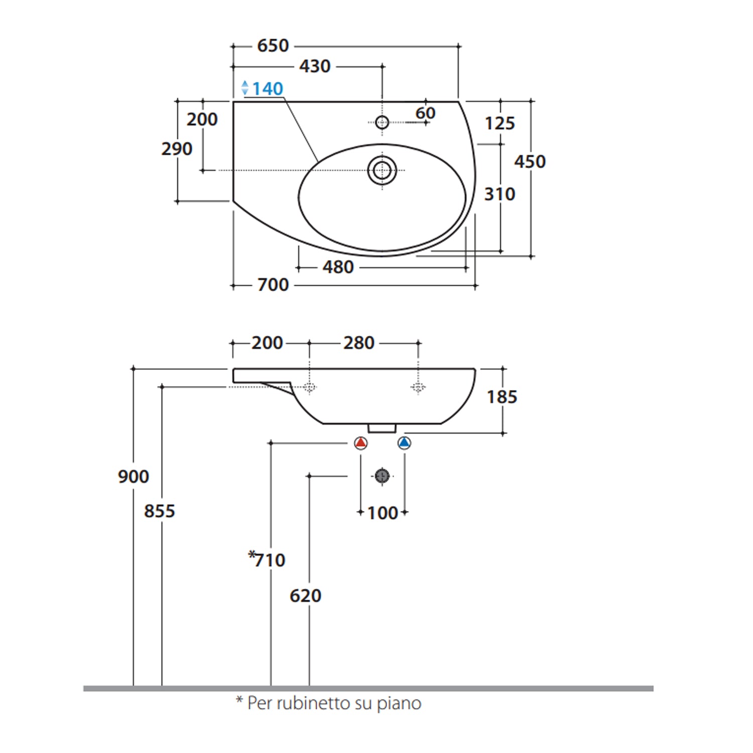 Lavabo Sospeso con piano d'appoggio laterale 70x45 cm Ceramica Globo Mode - vasca a destra