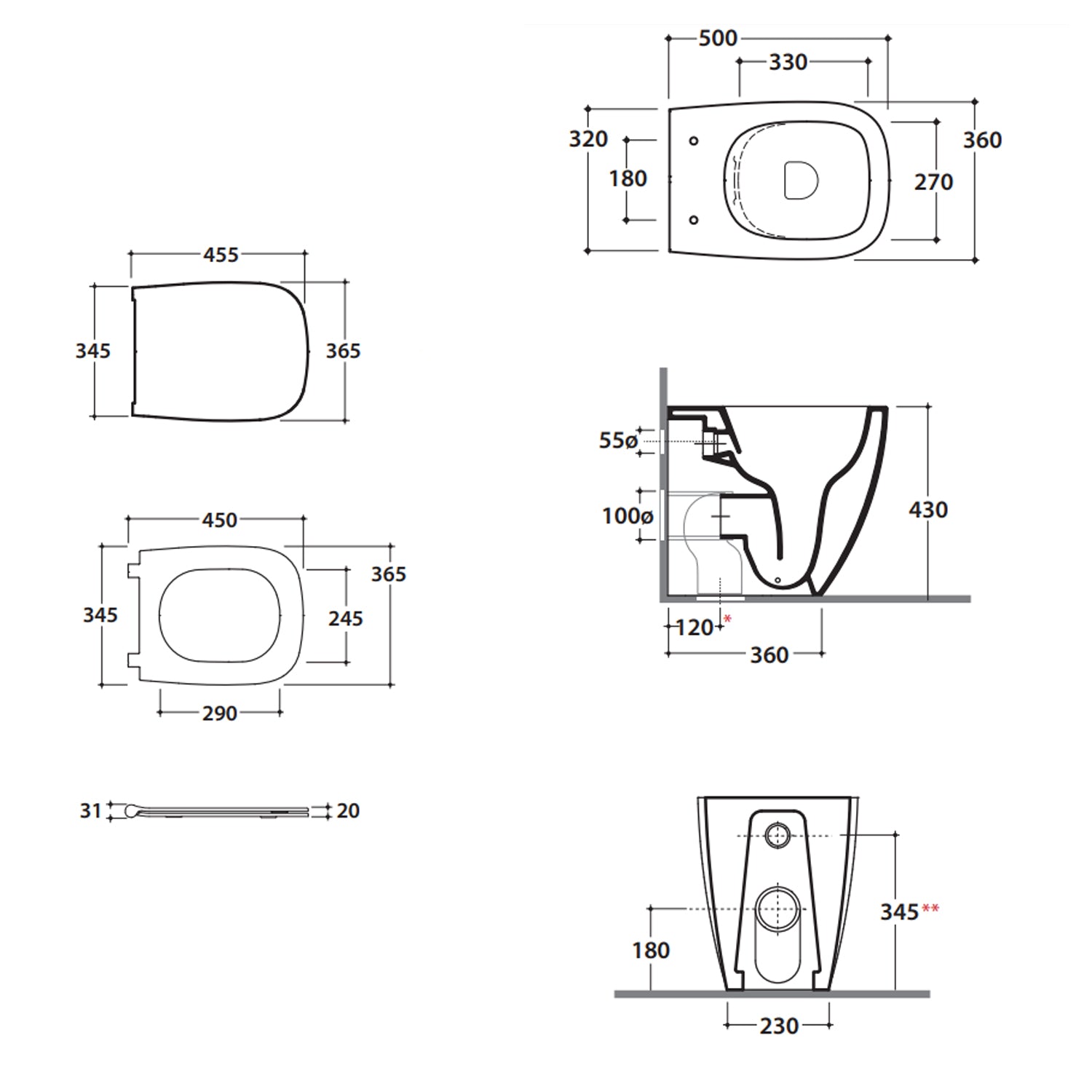 Vaso filoparete con scarico Multi senza brida 50x36 cm modello Genesis Ceramica Globo - sedile soft close