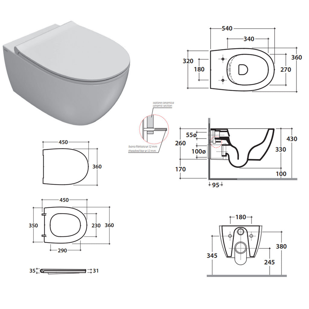 Sanitari sospesi con sedile soft-close 54x36 cm modello 4all Ceramica Globo - Bianco Opaco