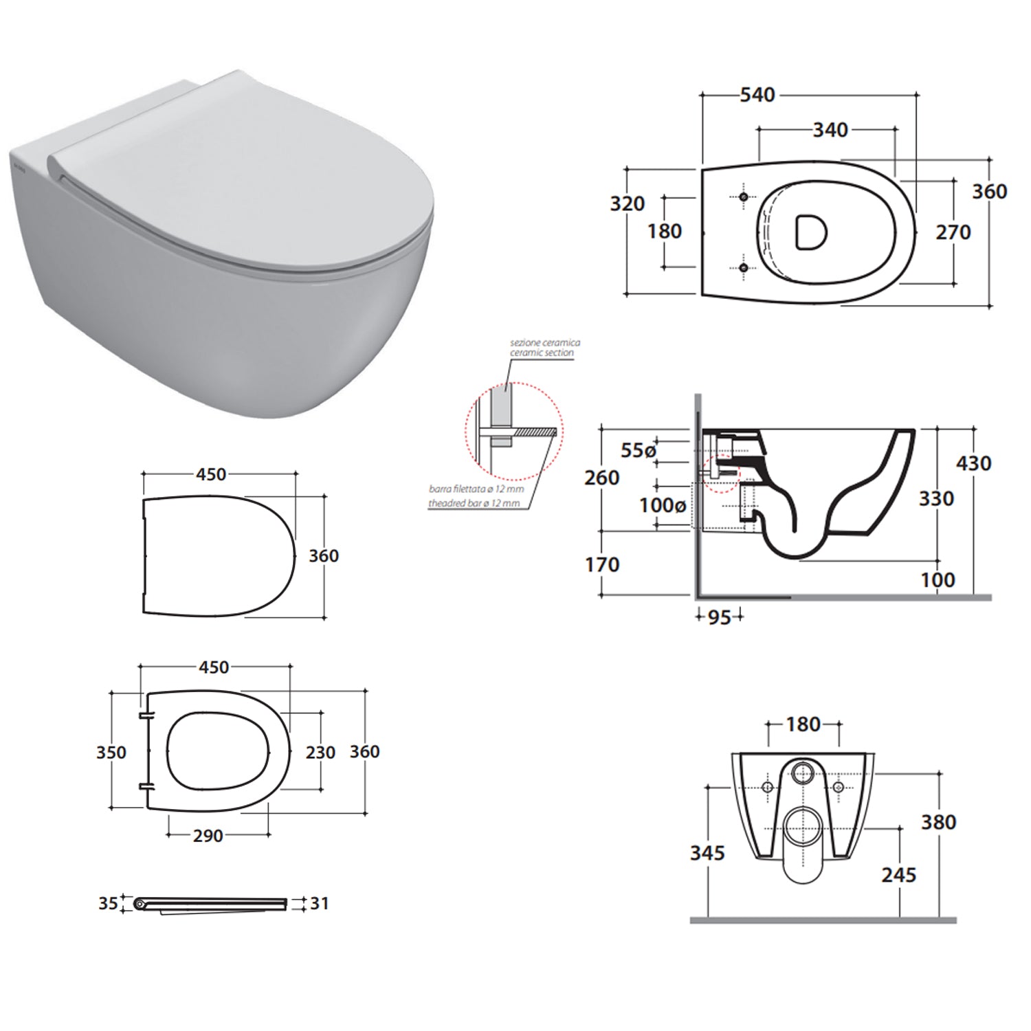 Sanitari sospesi con sedile soft-close 54x36 cm modello 4all Ceramica Globo - Bianco Opaco