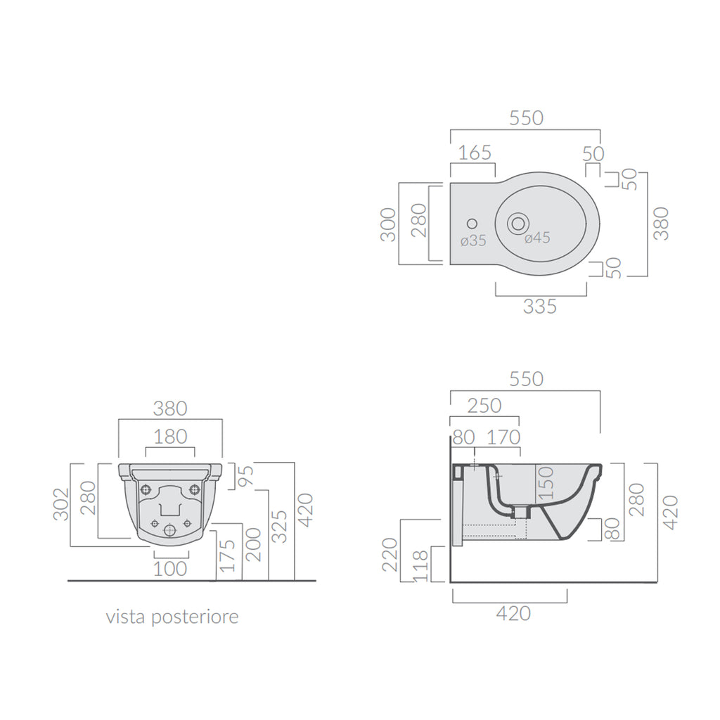 Bidet sospeso 55x38 cm serie Ethos di Ceramica Galassia