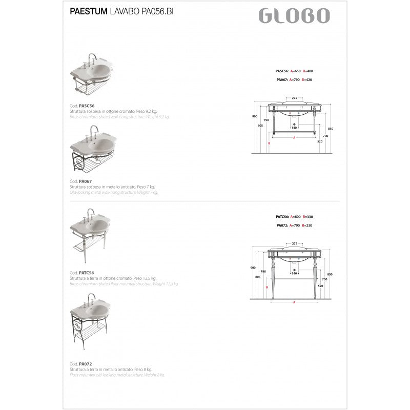 Lavabo sospeso 90x56 Ceramica Globo PAESTUM PA056.BI