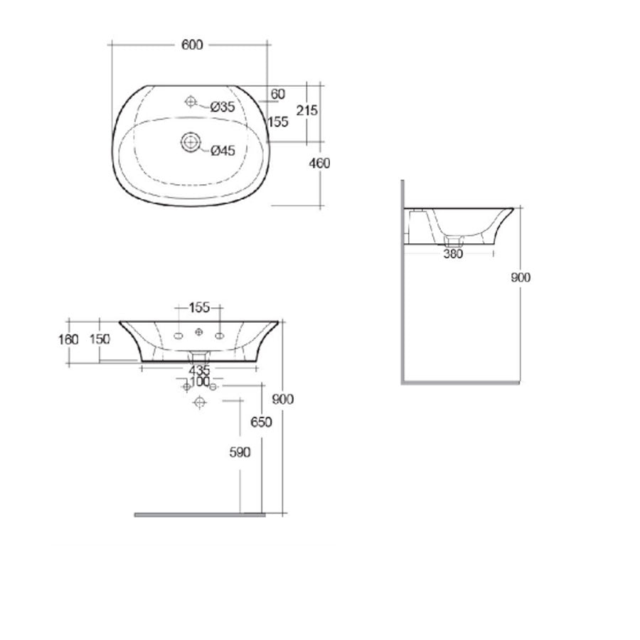 Lavabo sospeso Sensation in ceramica bianca lunghezza 60 cm