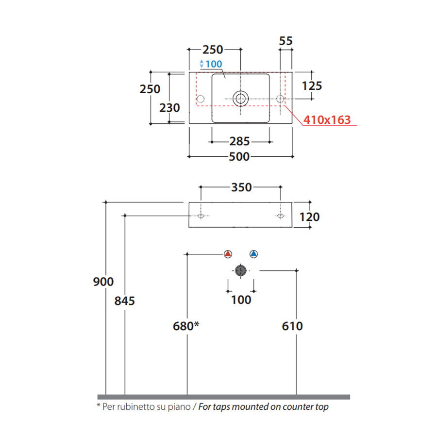 Lavabo 50x25x12h cm. Installazione sospesa o da appoggio. Completo di fissaggi. In ceramica biancaÂ 