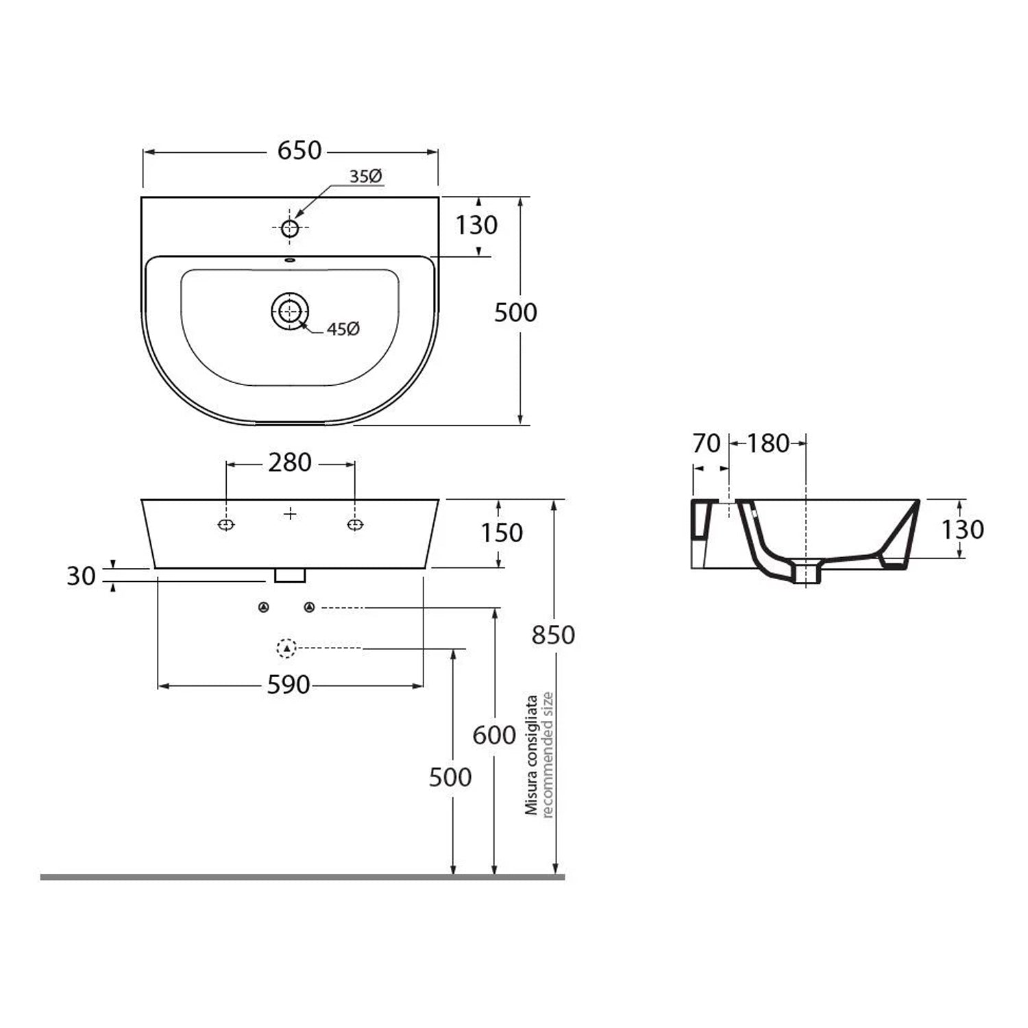 Lavabo sospeso/appoggio 65x50 cm Serie Forma di Azzurra Ceramica - Bianco Lucido