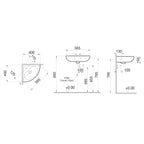 Lavabo ad angolo in ceramica bianca lucida per installazione sospesa cm 40x40