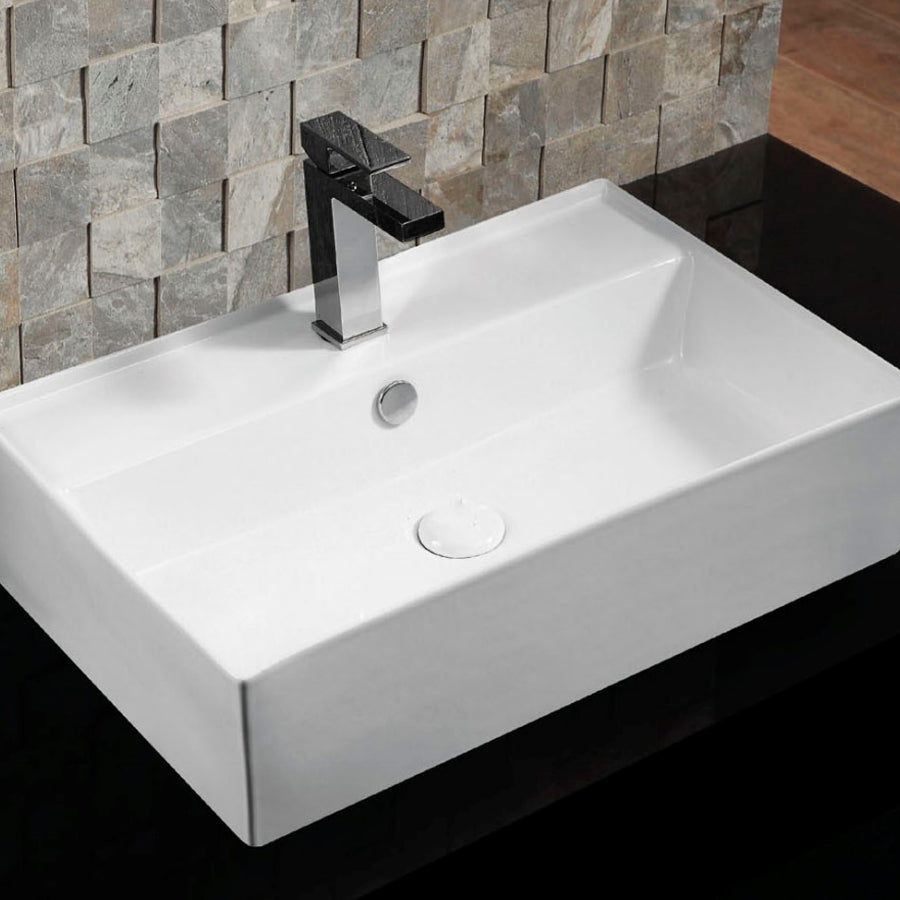Lavabo d'appoggio rettangolare in ceramica bianca con foro troppo pieno e foro rubinetto Linpha Sanitary cm 59