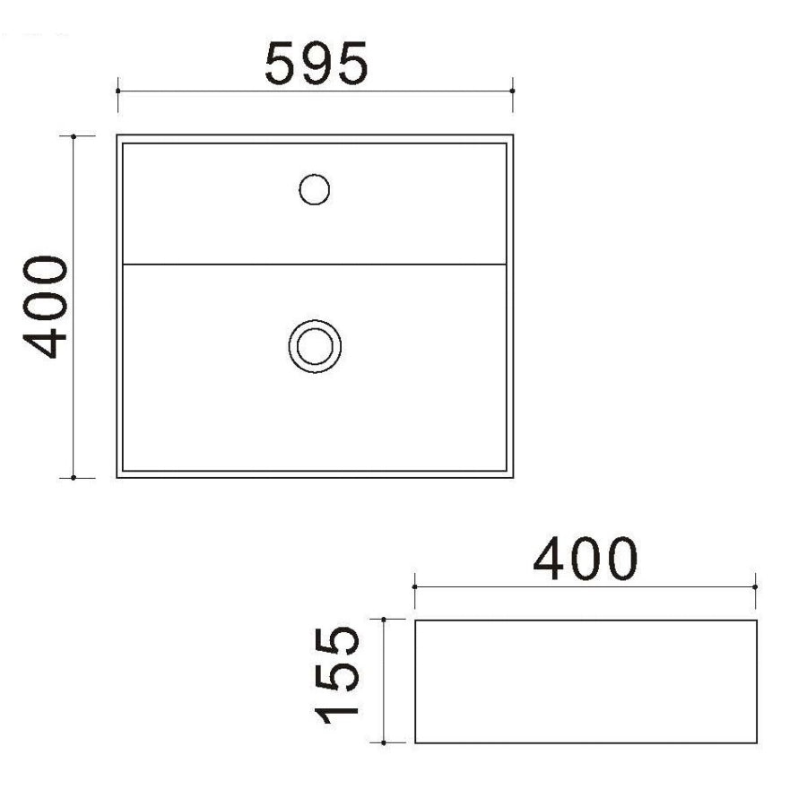 Lavabo d'appoggio rettangolare in ceramica bianca con foro troppo pieno e foro rubinetto Linpha Sanitary cm 59