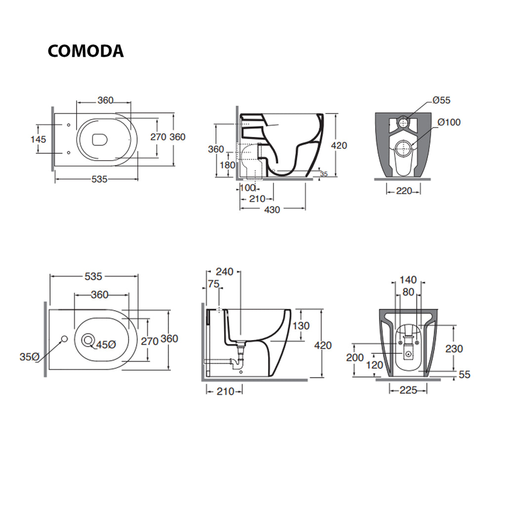 Sanitari filomuro senza brida Ceramica Azzurra serie Comoda