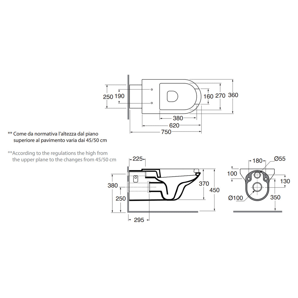 Vaso sospeso modello Thin di Azzurra Ceramica per diversamente abili 75Ã—36Ã—H37 cm - Bianco Lucido