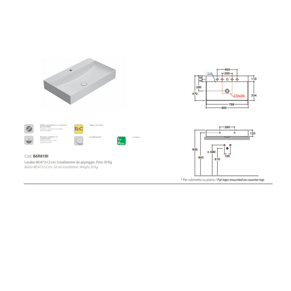 Lavabo da appoggio o sospeso T-Edge ceramica bianca lucida 80x47 h.12 cm