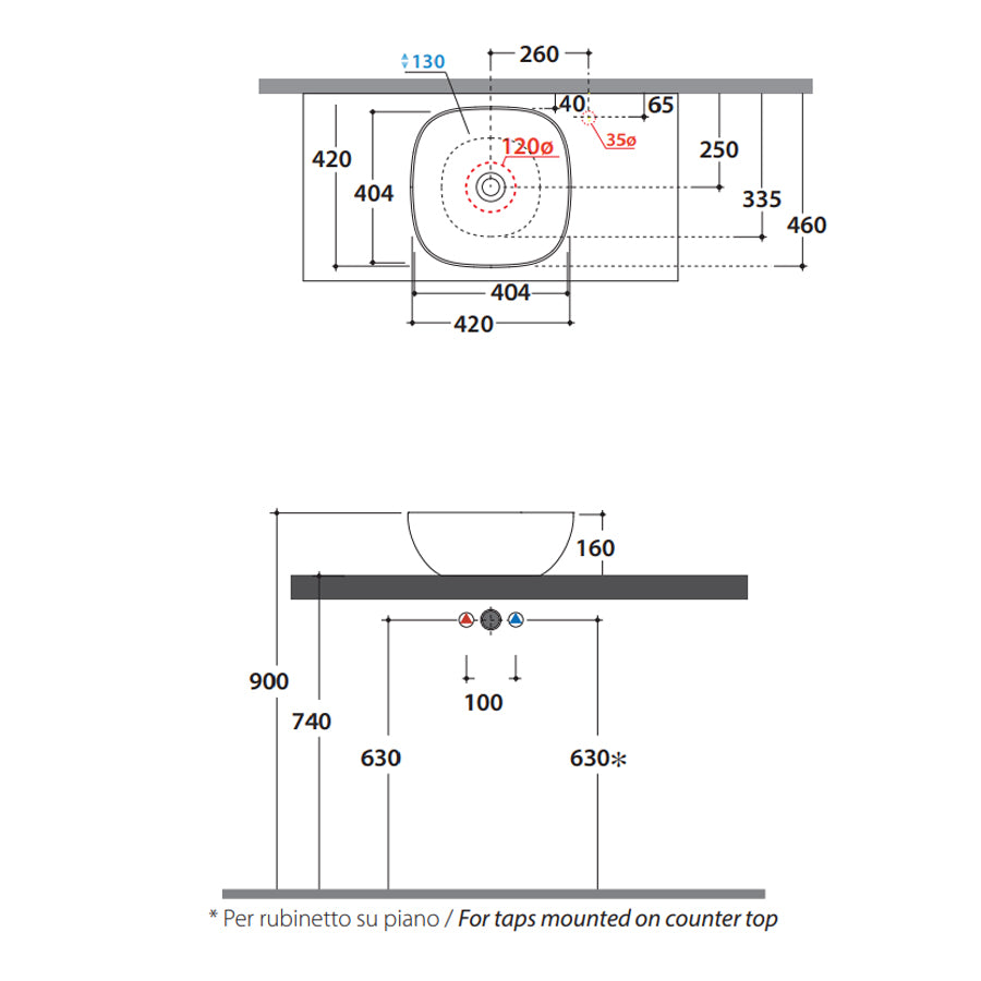 Lavabo quadrato con angoli tondi cm 42x42x16h. Installazione da appoggio. In ceramica biancaÂ 