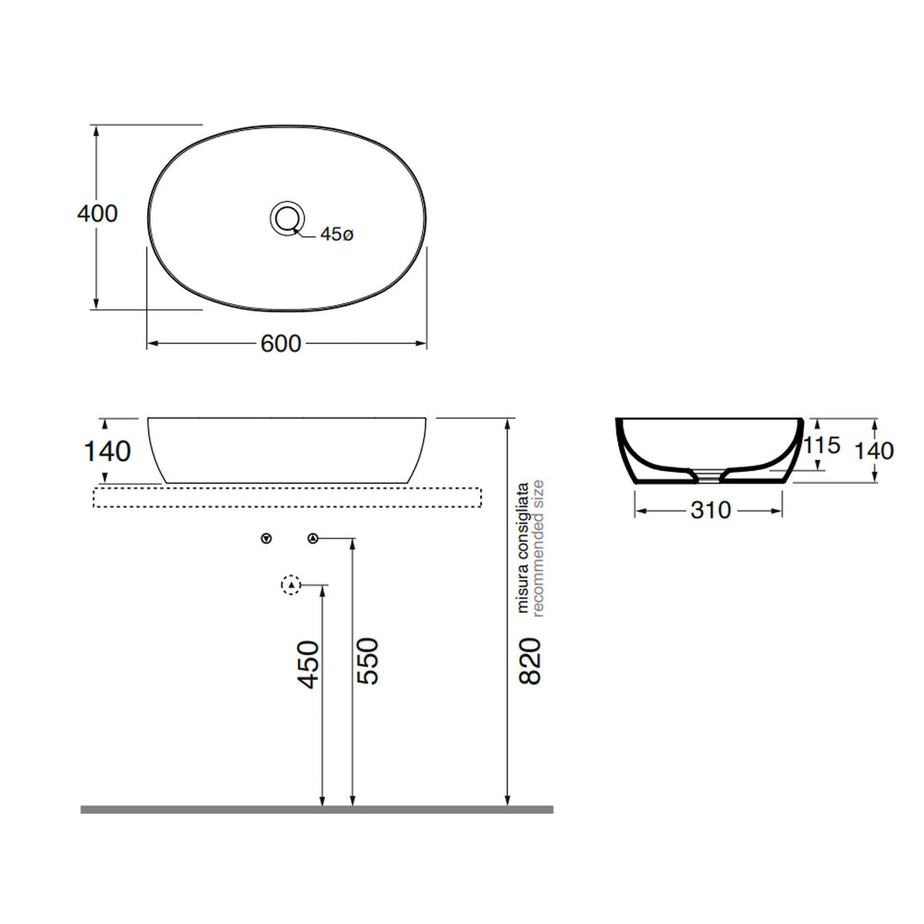 Lavabo da Appoggio modello Elegance 60x40 Ceramica Azzurra con bordo sottile