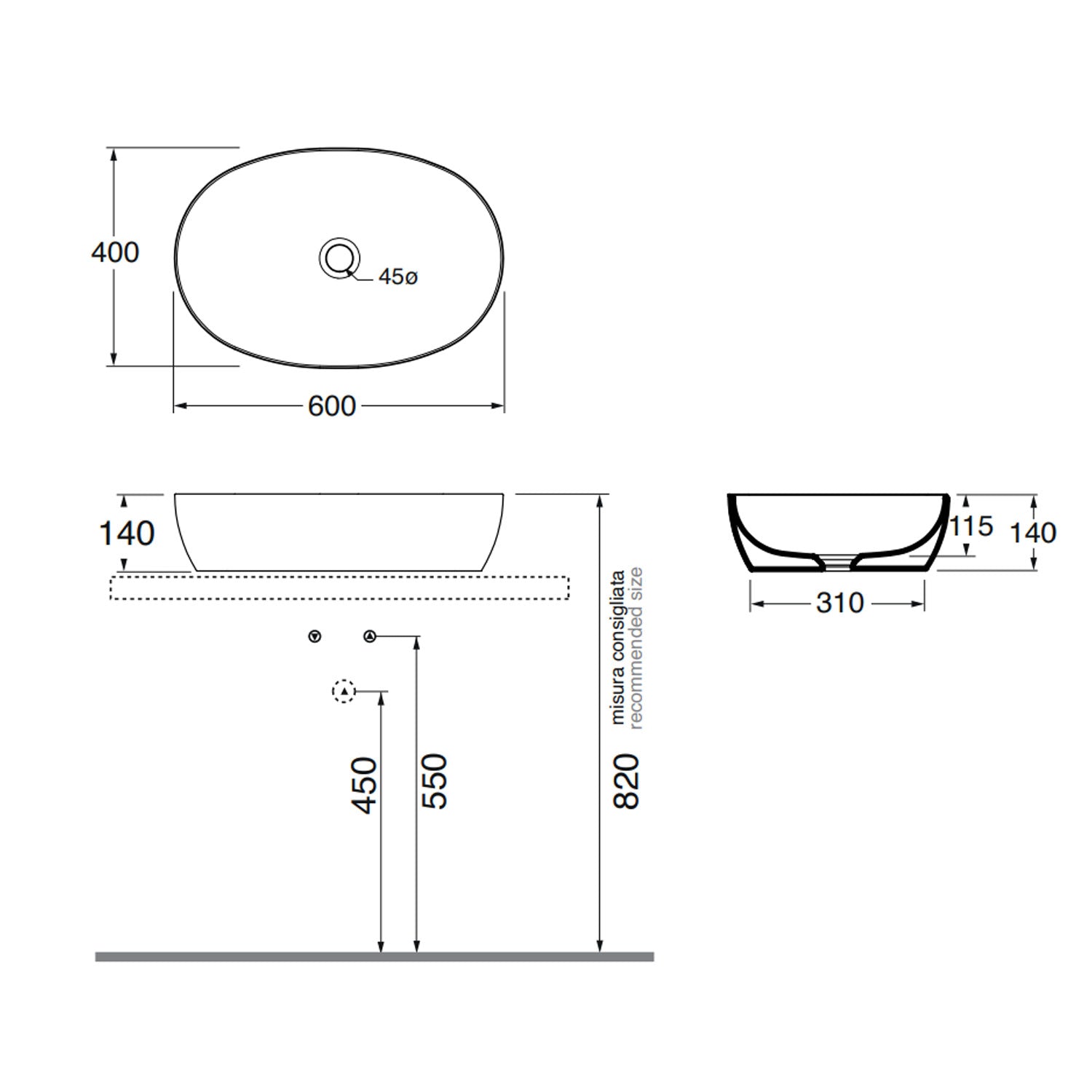 Lavabo da Appoggio modello Elegance 60x40 Ceramica Azzurra con bordo sottile