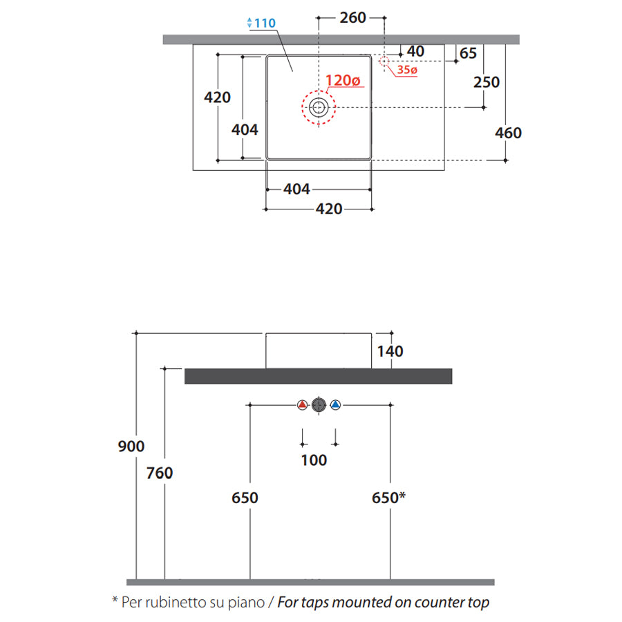 Lavabo quadrato cm 42x42x16h. Installazione da appoggio. In ceramica biancaÂ 