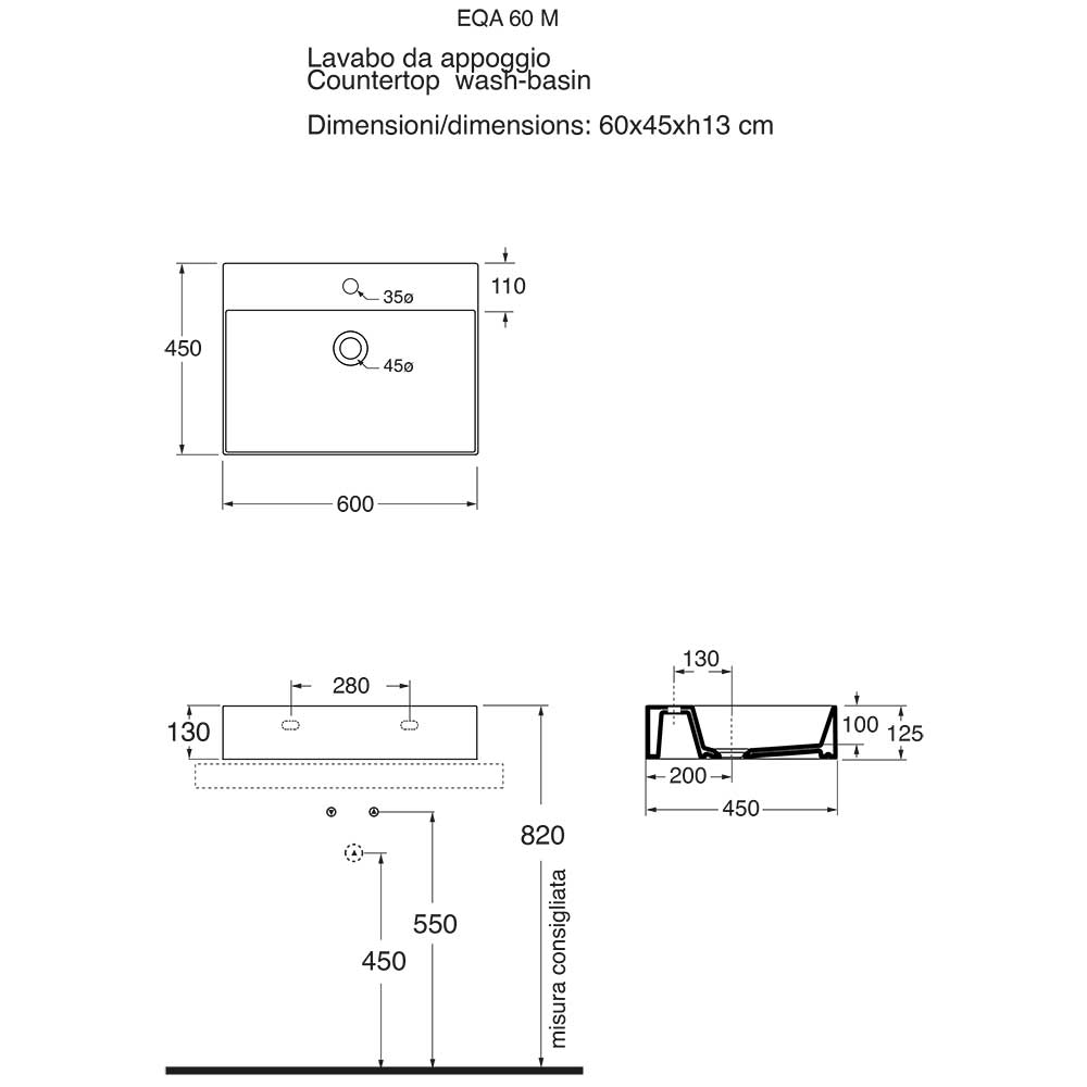 Lavabo da appoggio squadrato Ceramica Azzurra Elegance 60x45 cm