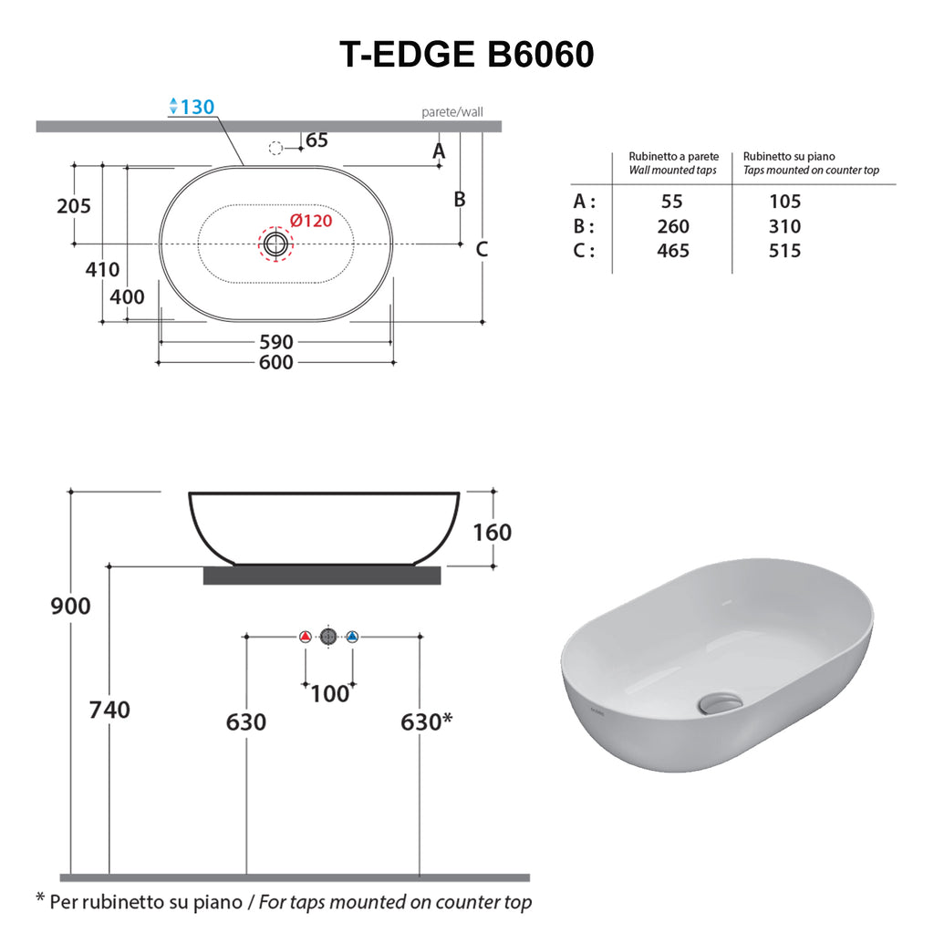 Lavabo d'appoggio Ceramica Globo T-Edge bianco opaco 60x41 h. 16 cm