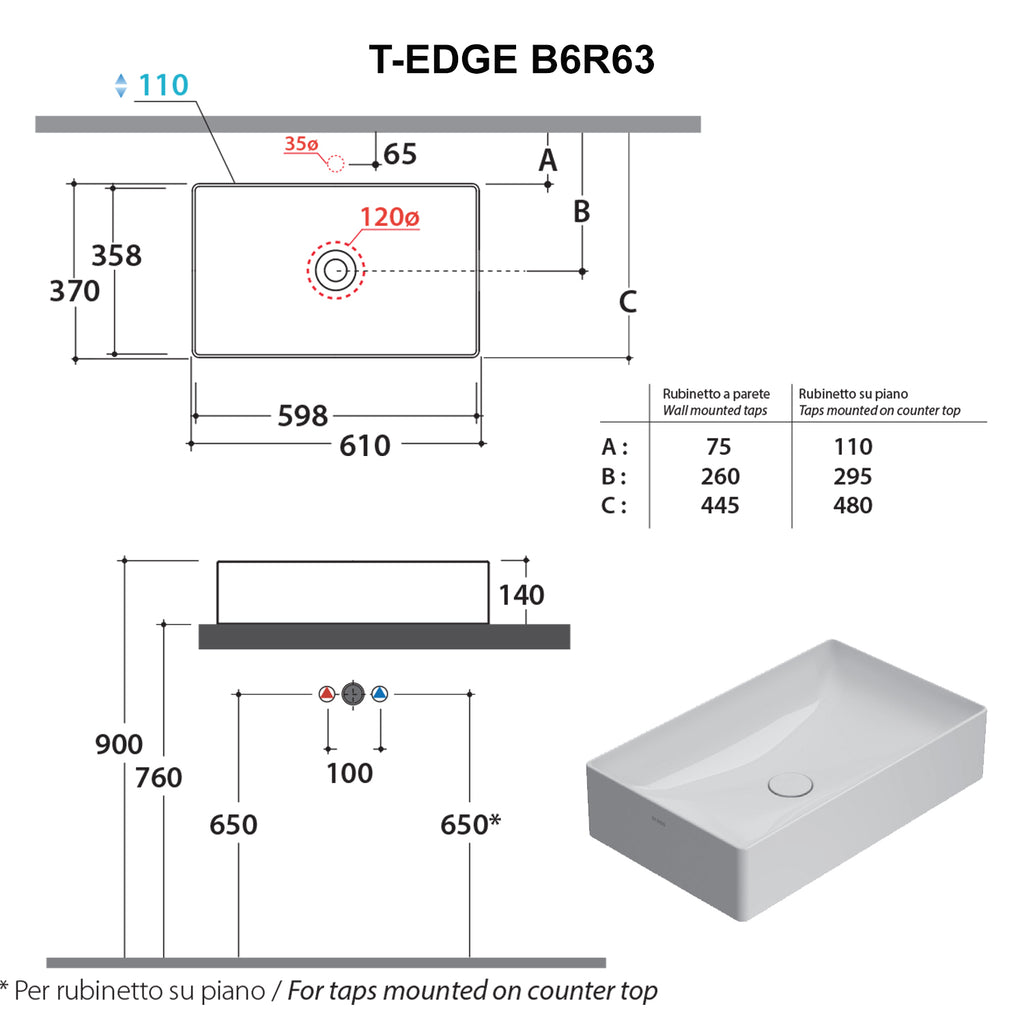 Nuovo lavabo d'appoggio bianco opaco Ceramica Globo T-Edge 61x37 h.14 cm