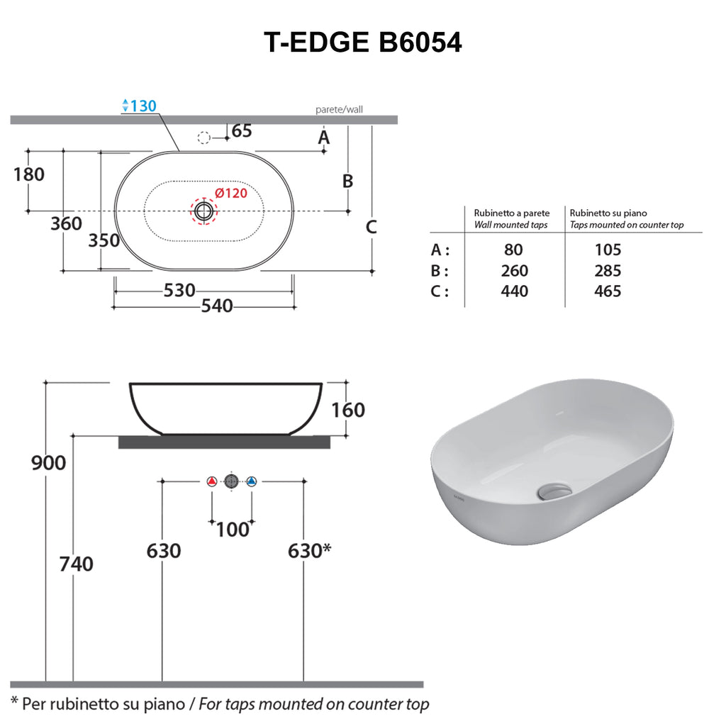 Lavabo d'appoggio bianco opaco Ceramica Globo T-Edge 54x36 h.16 cm