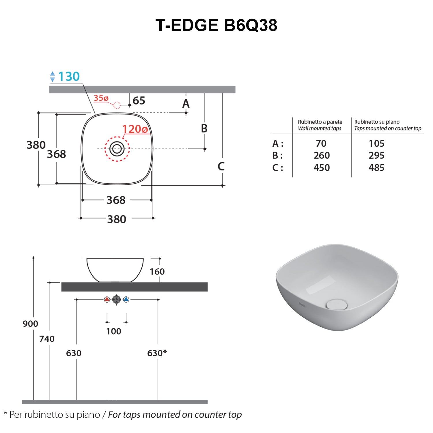 Lavabo d'appoggio Ceramica Globo T-Edge bianco opaco 38x38 h.16 cm