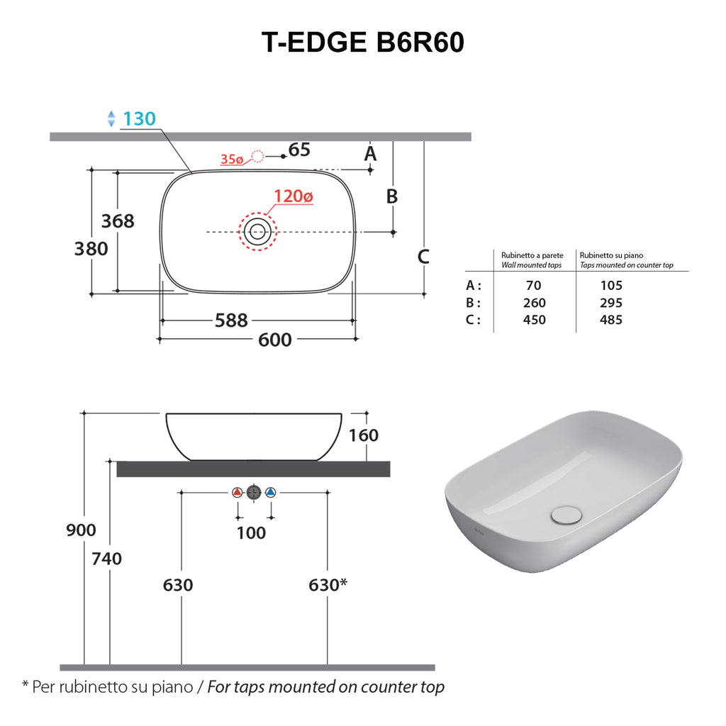Nuovo lavabo d'appoggio Ceramica Globo T-Edge bianco opaco 60x38 h.16 cm
